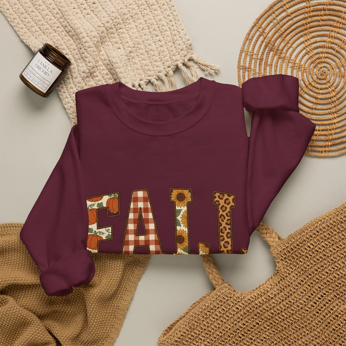 Fall Fest Sweatshirt — Autumn Plaid & Leaf Graphic Crewneck