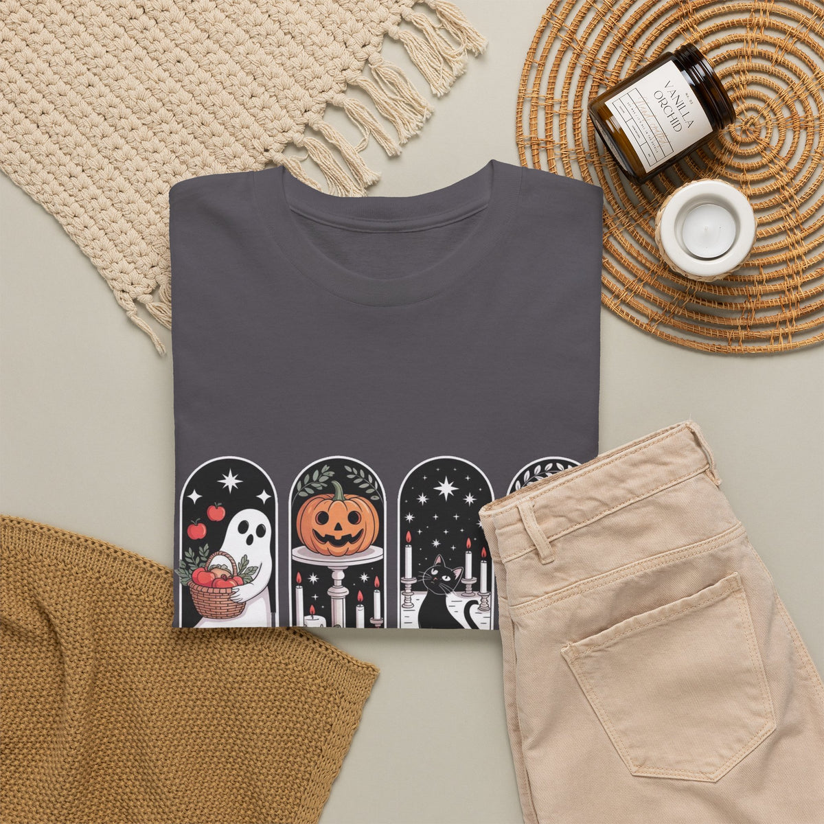 Spooky Season Halloween Tee — Cute Ghost, Pumpkin, Black Cat & Mummy Design