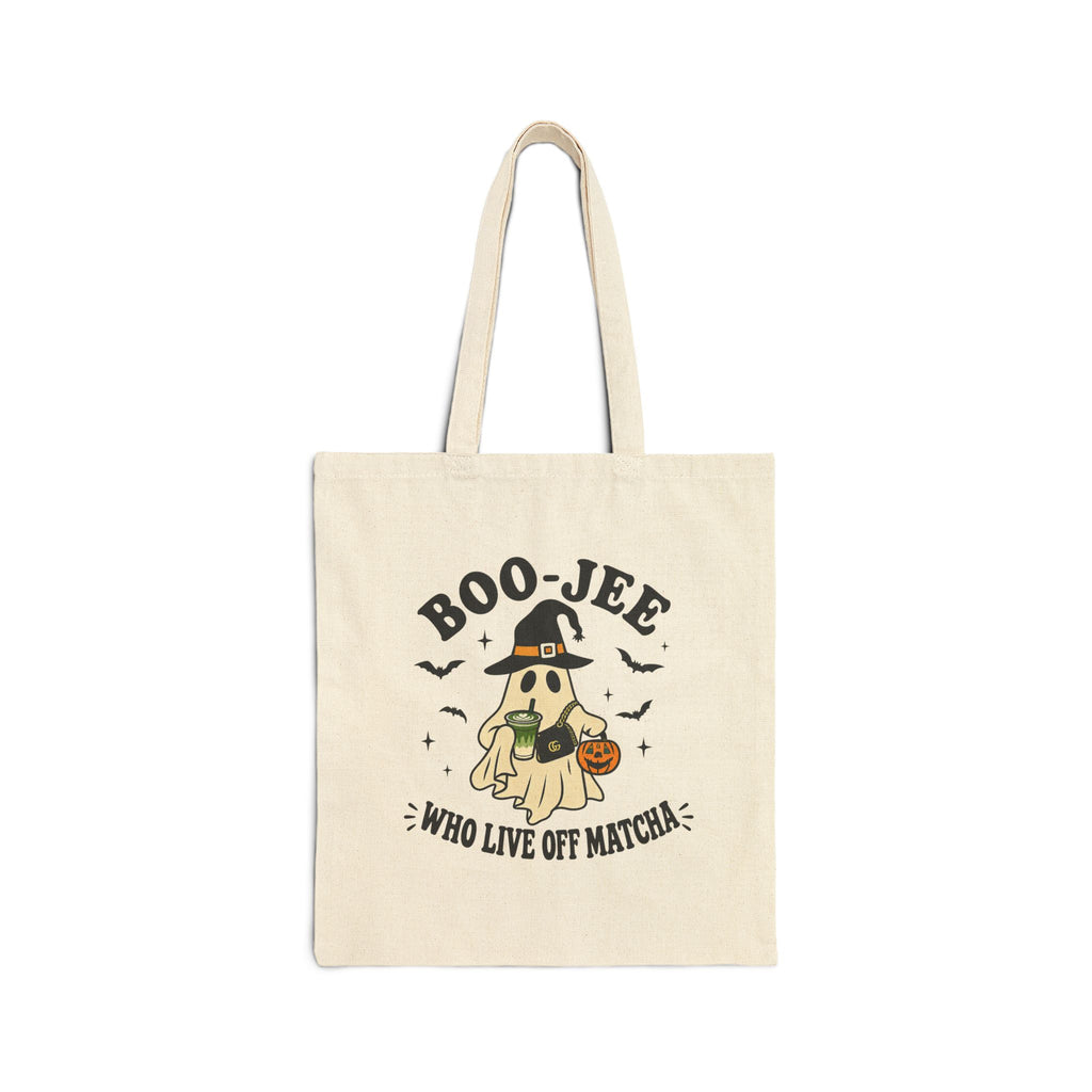 Tote Bag — 'Boo-Jeé Who Live Off Matcha' Cute Halloween Witch Ghost Canvas Tote