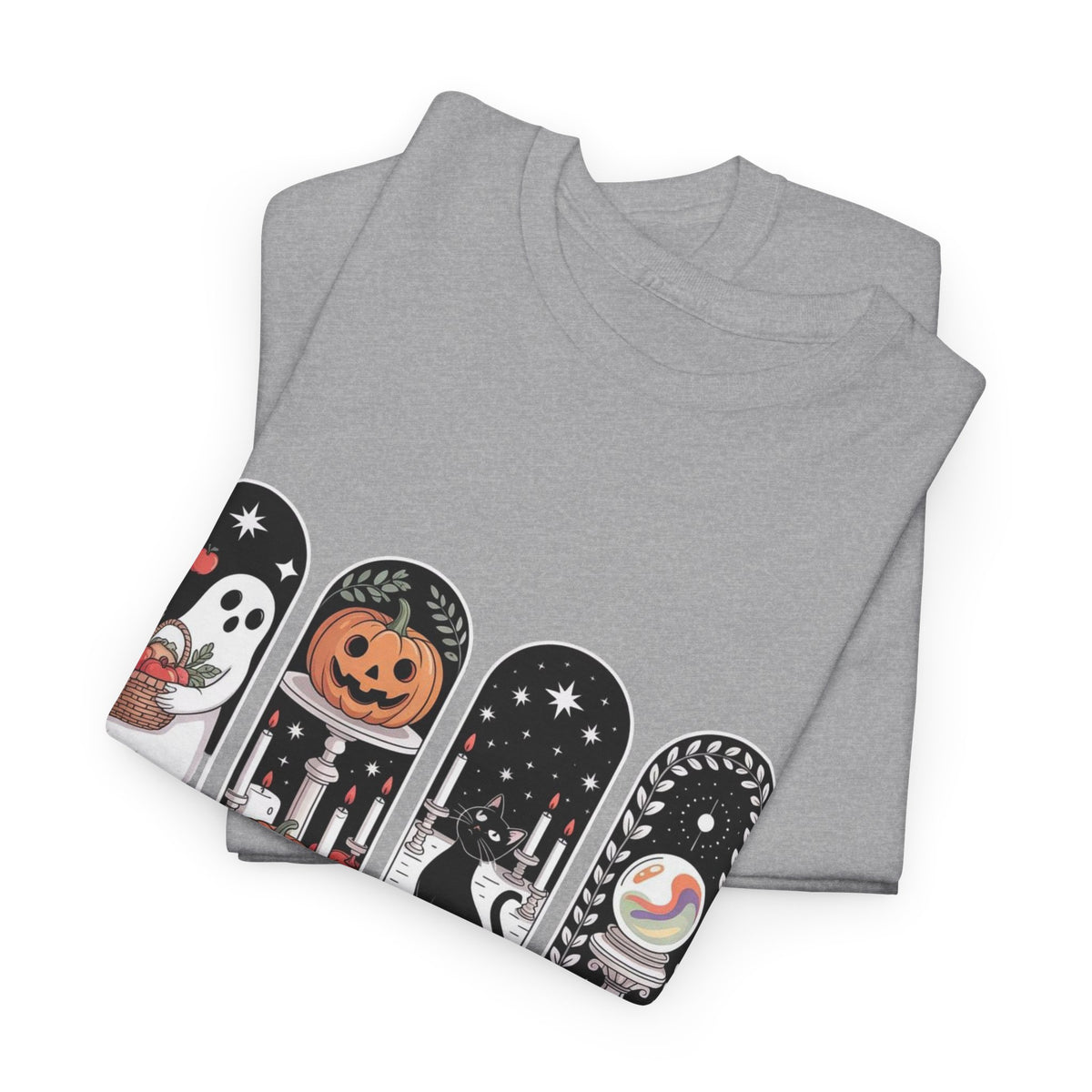 Spooky Season Halloween Tee — Cute Ghost, Pumpkin, Black Cat & Mummy Design