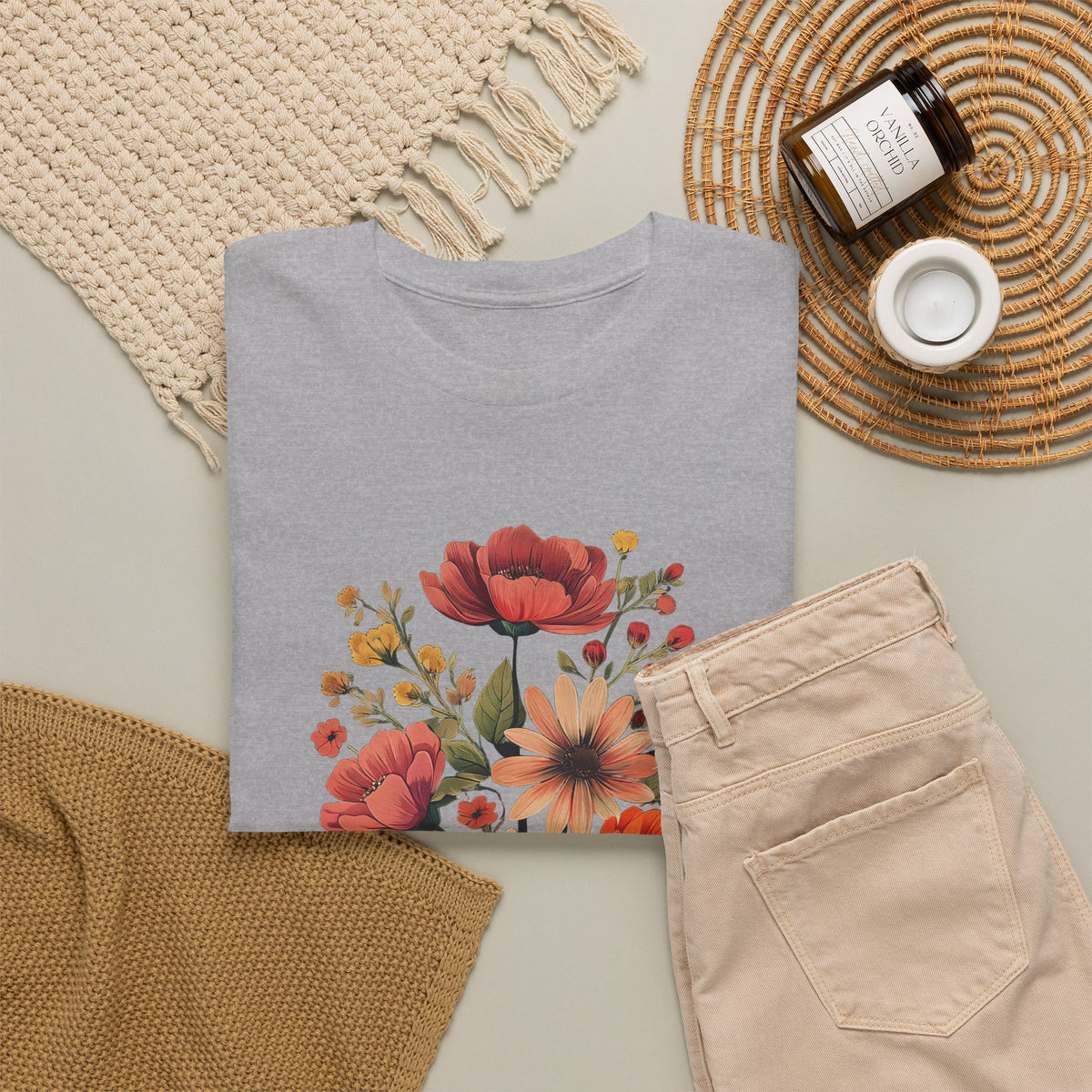 Floral Bouquet Tee — Vintage Orange & Peach Flowers with 'Grace' Script