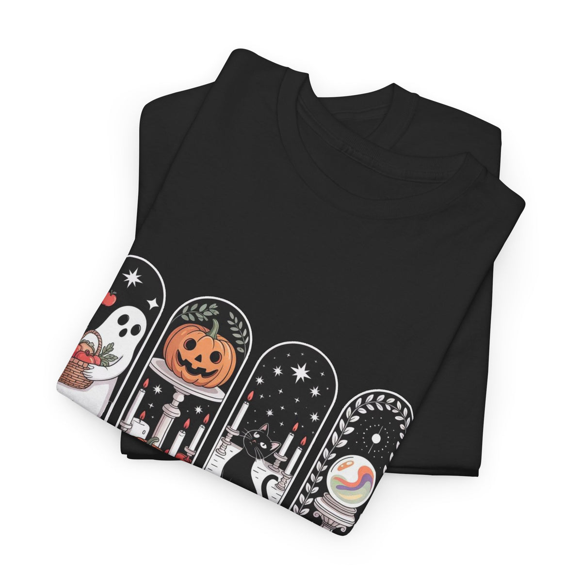 Spooky Season Halloween Tee — Cute Ghost, Pumpkin, Black Cat & Mummy Design