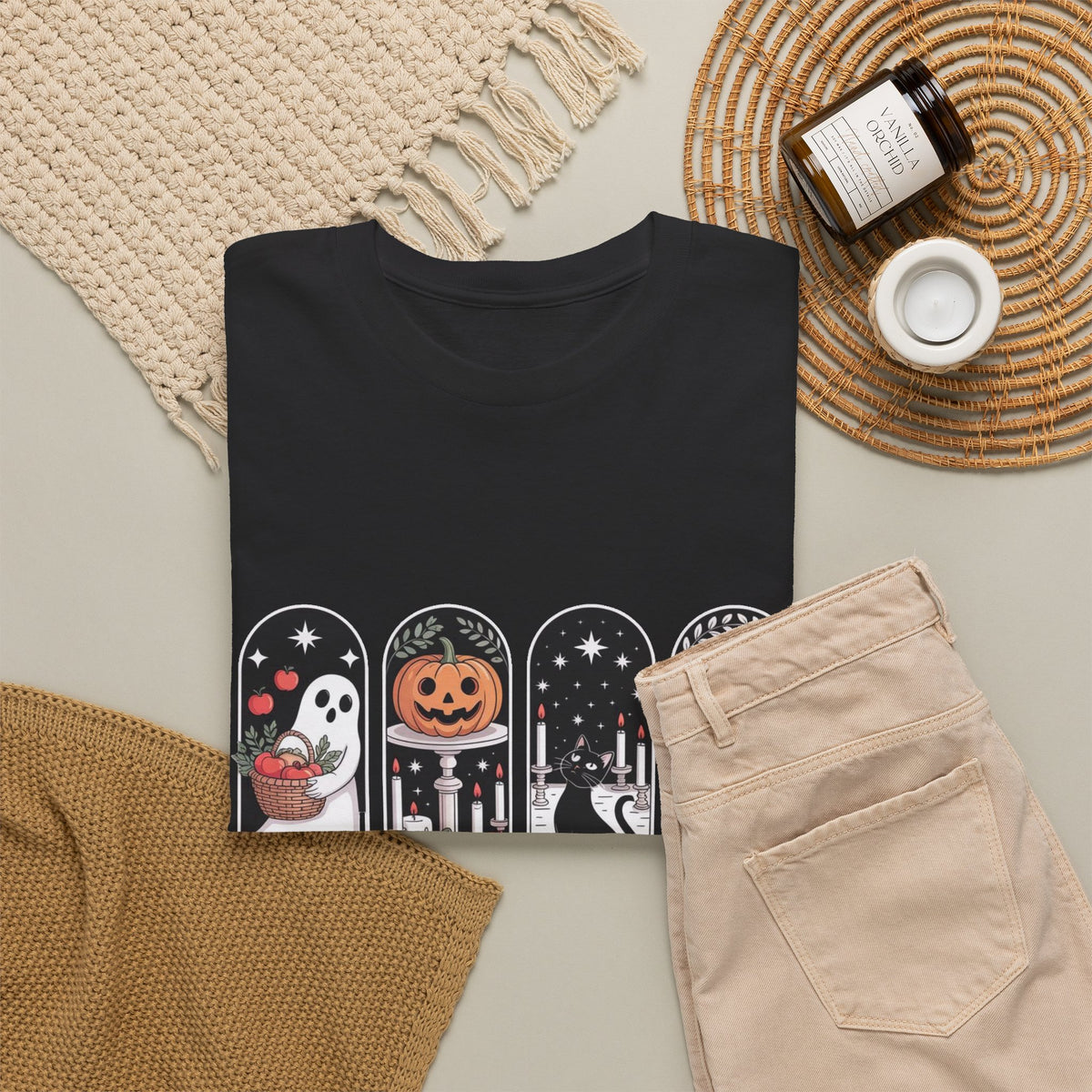 Spooky Season Halloween Tee — Cute Ghost, Pumpkin, Black Cat & Mummy Design