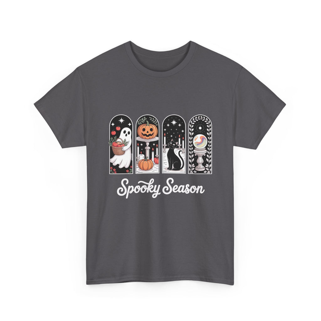 Spooky Season Halloween Tee — Cute Ghost, Pumpkin, Black Cat & Mummy Design