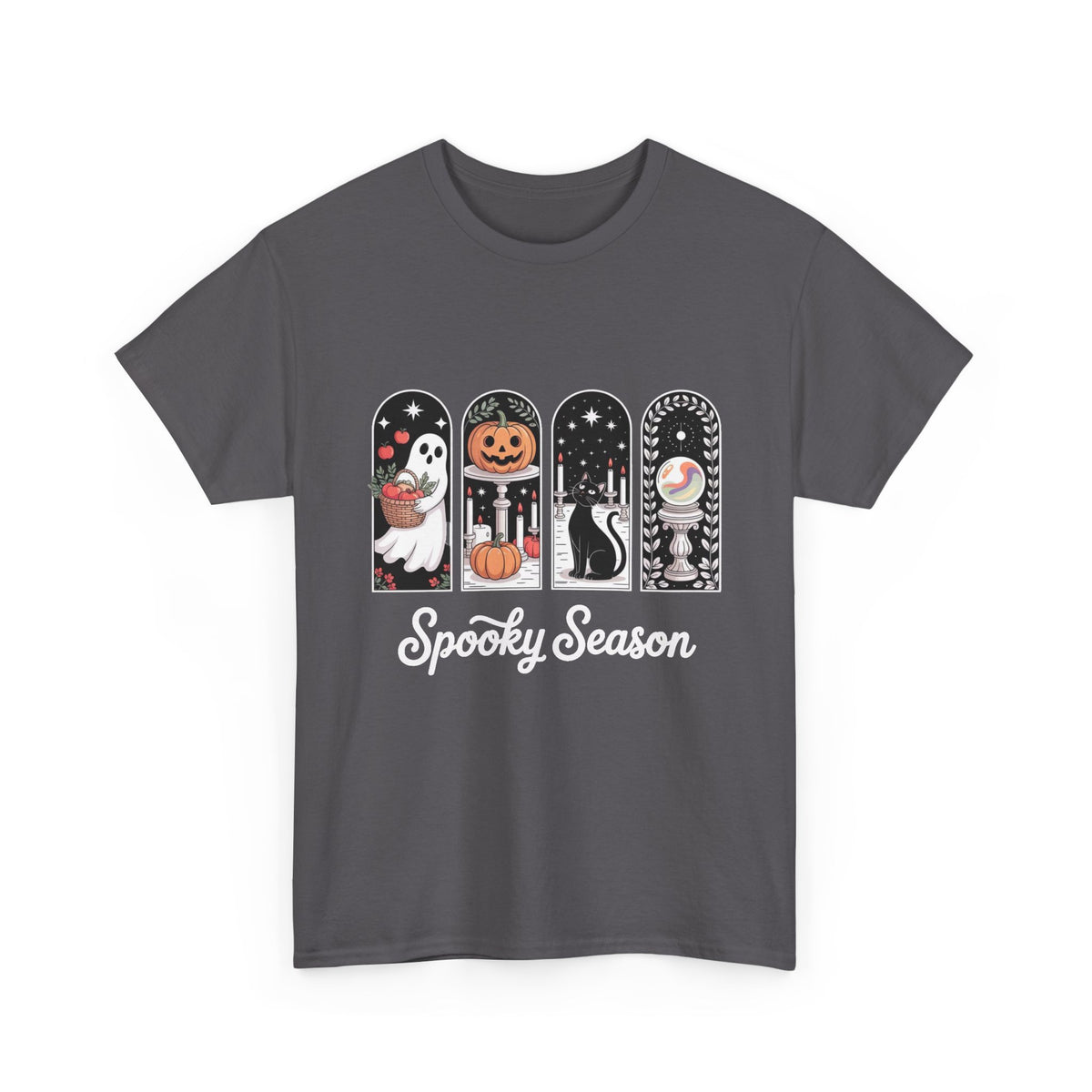 Spooky Season Halloween Tee — Cute Ghost, Pumpkin, Black Cat & Mummy Design