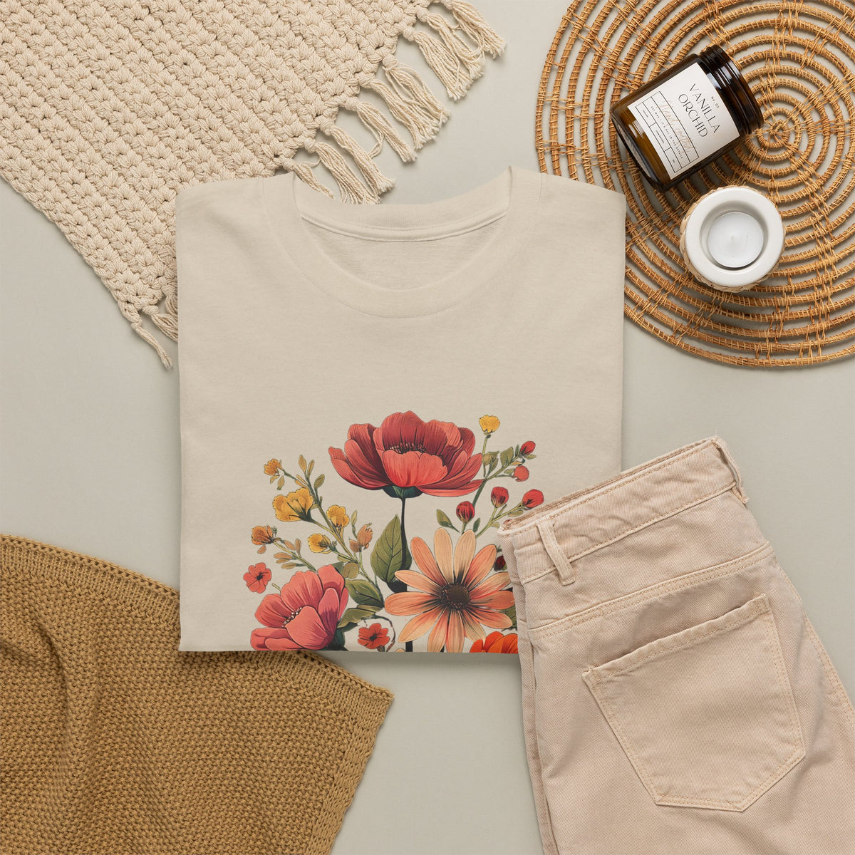 Floral Bouquet Tee — Vintage Orange & Peach Flowers with 'Grace' Script