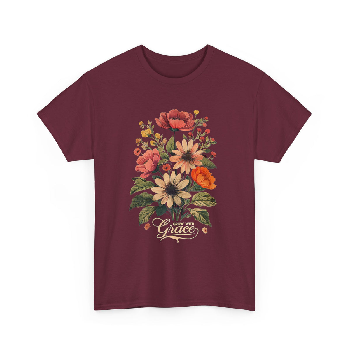Floral Bouquet Tee — Vintage Orange & Peach Flowers with 'Grace' Script
