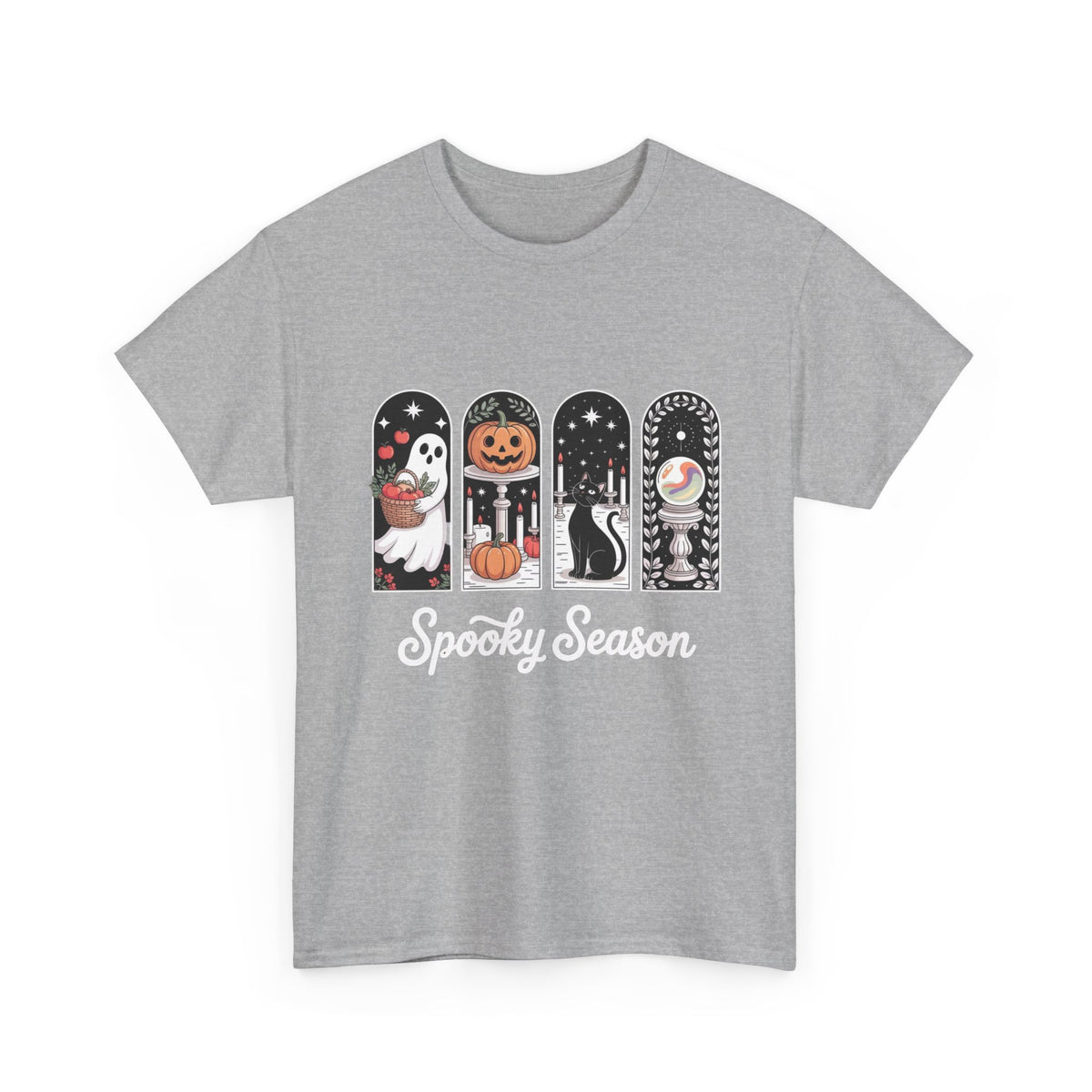 Spooky Season Halloween Tee — Cute Ghost, Pumpkin, Black Cat & Mummy Design