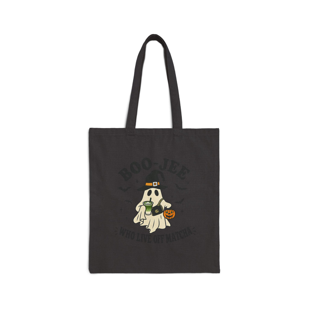 Tote Bag — 'Boo-Jeé Who Live Off Matcha' Cute Halloween Witch Ghost Canvas Tote