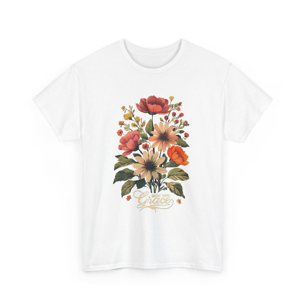 Floral Bouquet Tee — Vintage Orange & Peach Flowers with 'Grace' Script