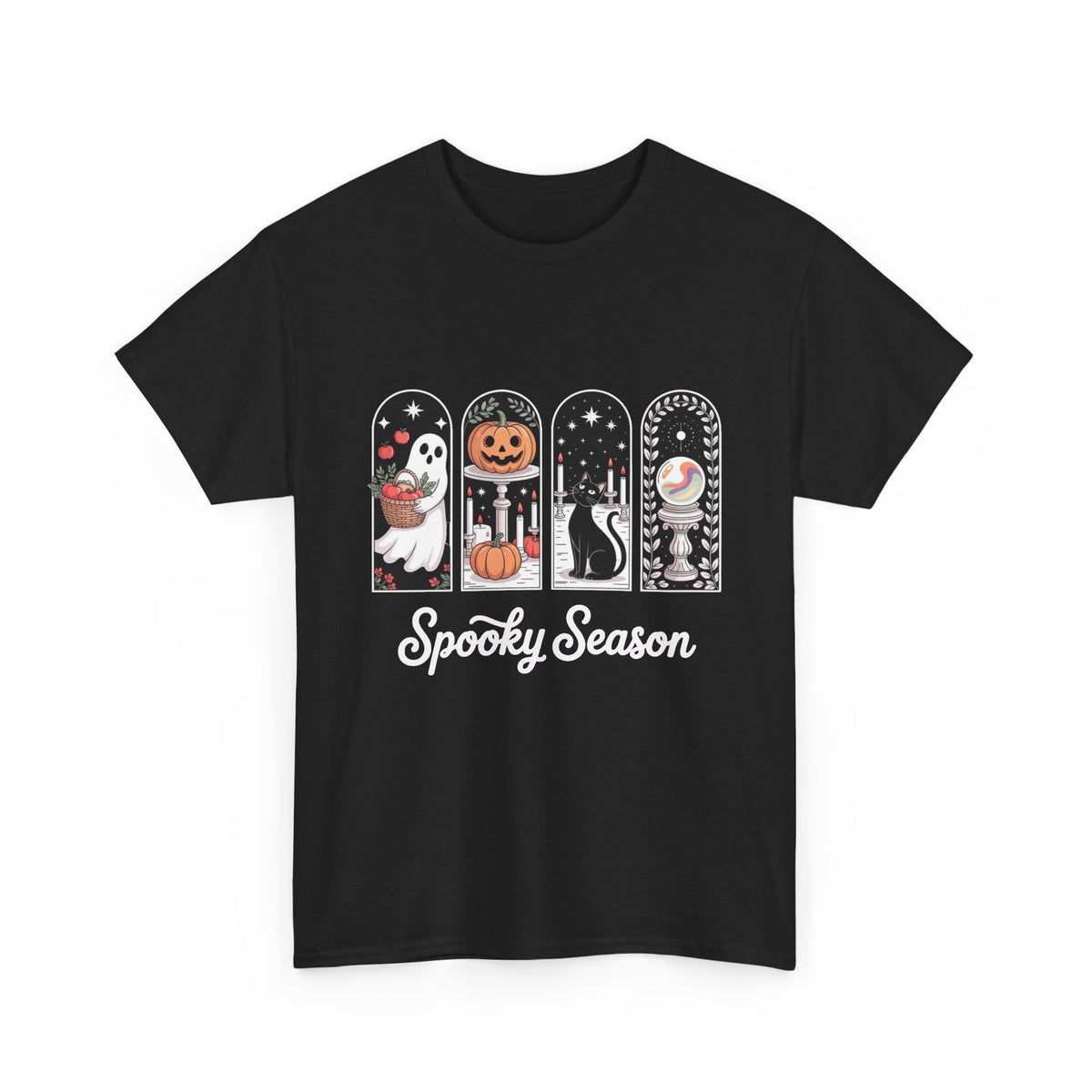 Spooky Season Halloween Tee — Cute Ghost, Pumpkin, Black Cat & Mummy Design