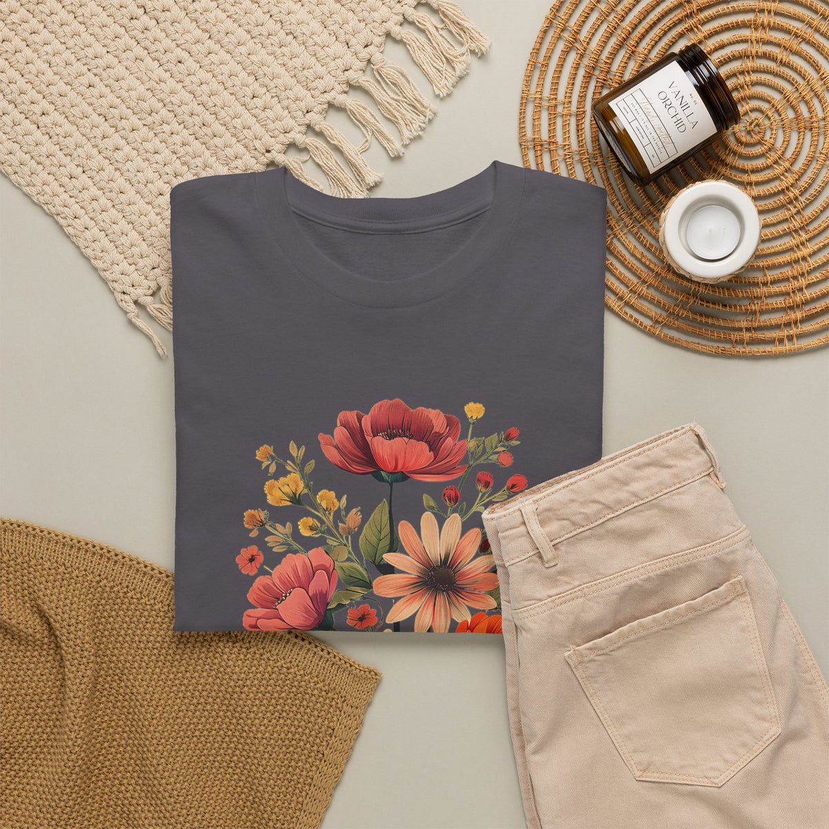 Floral Bouquet Tee — Vintage Orange & Peach Flowers with 'Grace' Script