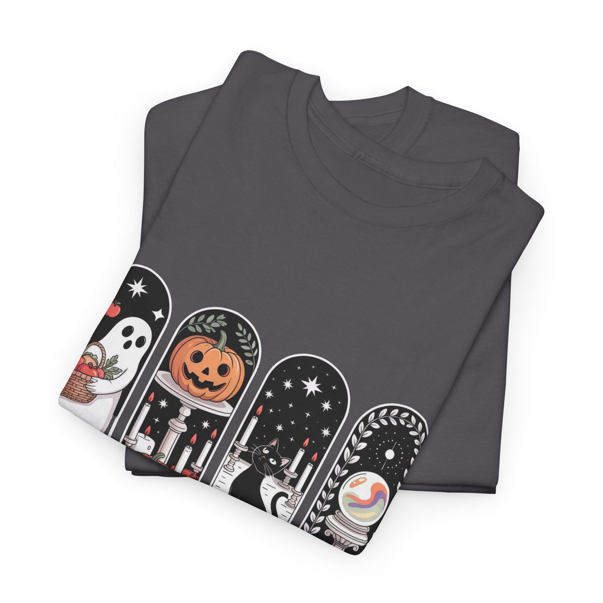 Spooky Season Halloween Tee — Cute Ghost, Pumpkin, Black Cat & Mummy Design