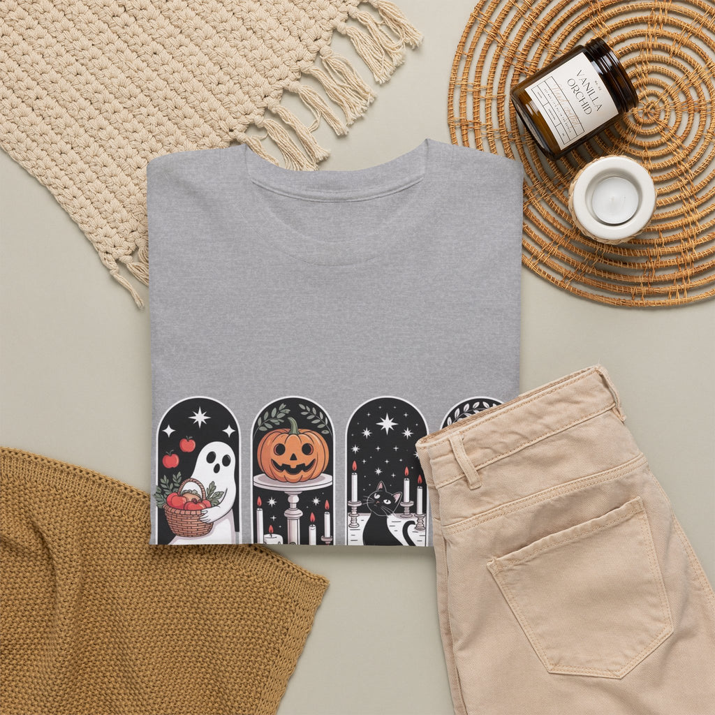 Spooky Season Halloween Tee — Cute Ghost, Pumpkin, Black Cat & Mummy Design