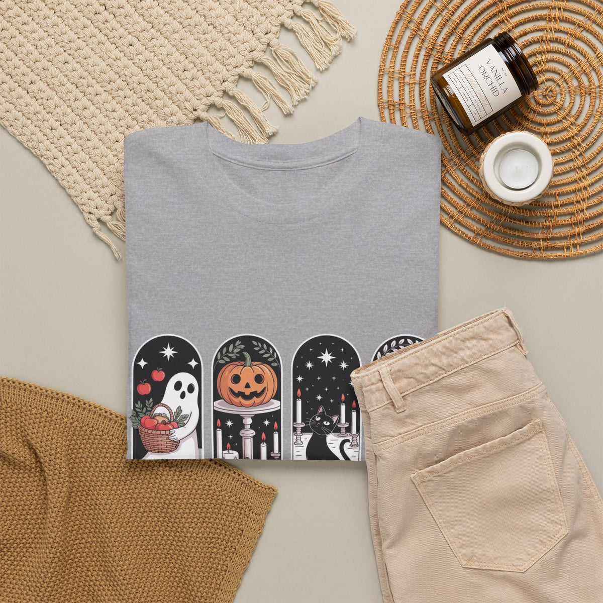 Spooky Season Halloween Tee — Cute Ghost, Pumpkin, Black Cat & Mummy Design