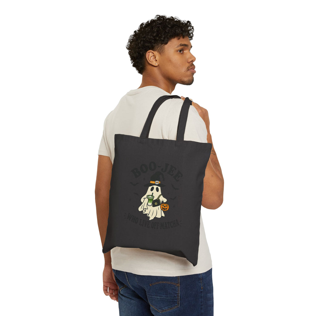 Tote Bag — 'Boo-Jeé Who Live Off Matcha' Cute Halloween Witch Ghost Canvas Tote